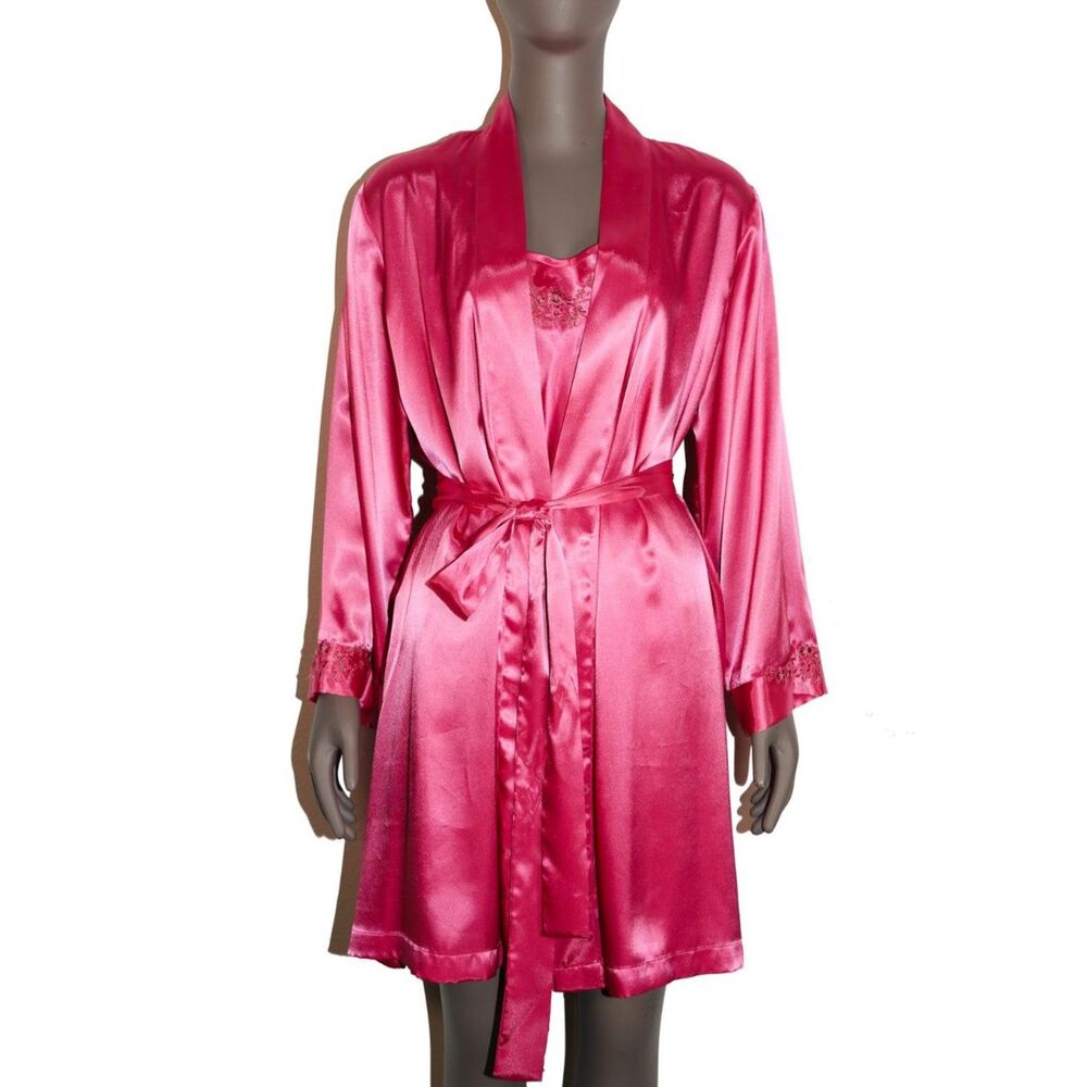 Vintage Satin Pink Floral Slip Dress Matching Robe Sleepwear Medium